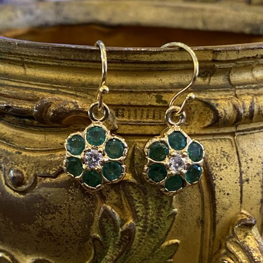 9ct Yellow Gold Emerald & Diamond Cluster Drop Earrings