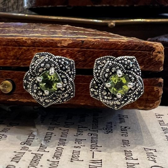 Sterling Silver Peridot & Marcasite Floral Stud Earrings