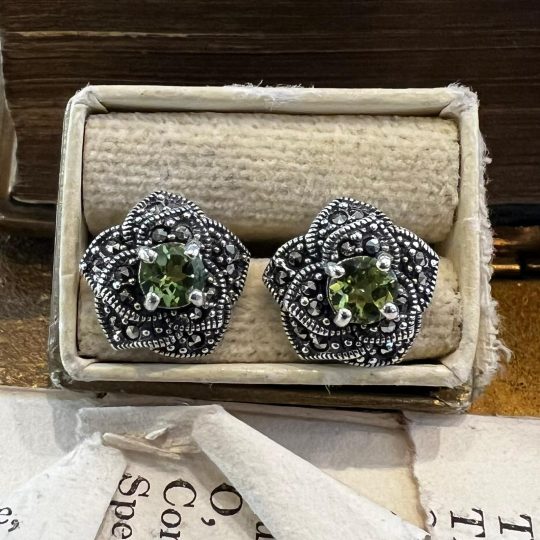Sterling Silver Peridot & Marcasite Floral Stud Earrings