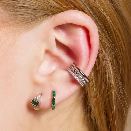 Scream Pretty Baguette Huggie Earrings with Green Stones