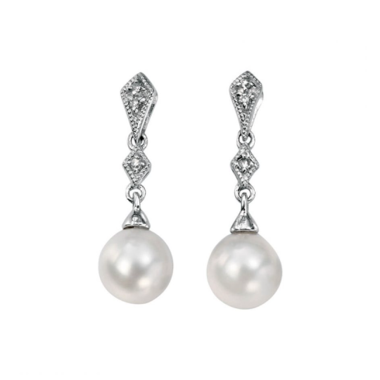 Gecko 9ct White Gold Vintage Style Pearl And Diamond Drop Earrings