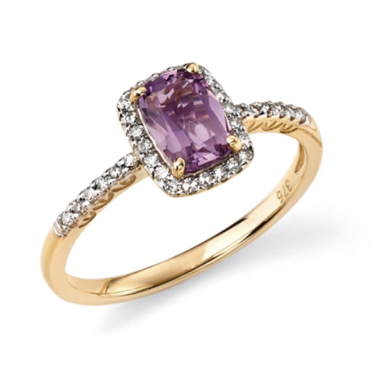 Gecko 9ct Yellow Gold Amethyst And Diamond Halo Ring
