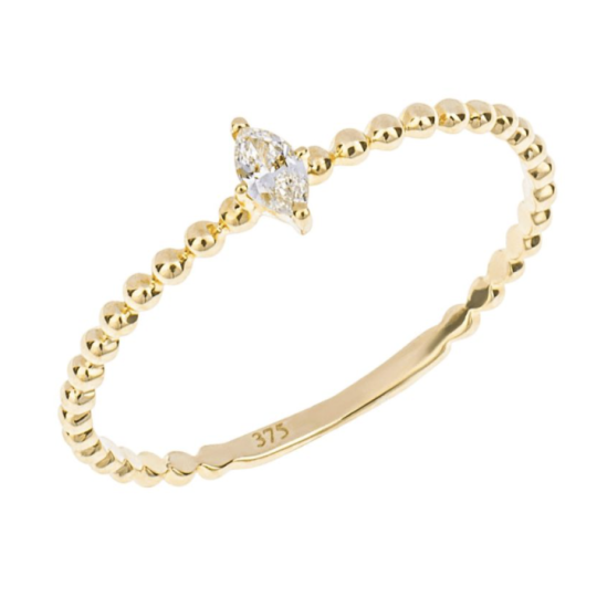 Gecko 9ct Yellow Gold Beaded Band Ring With Marquise Cut Diamond