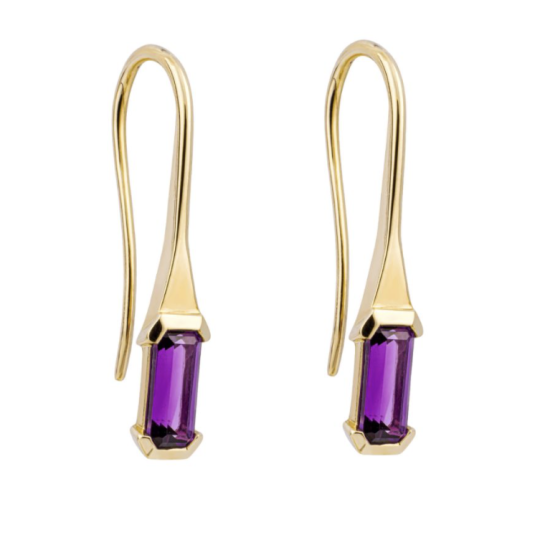 Gecko 9ct Yellow Gold Baguette Cut Amethyst Drop Earrings