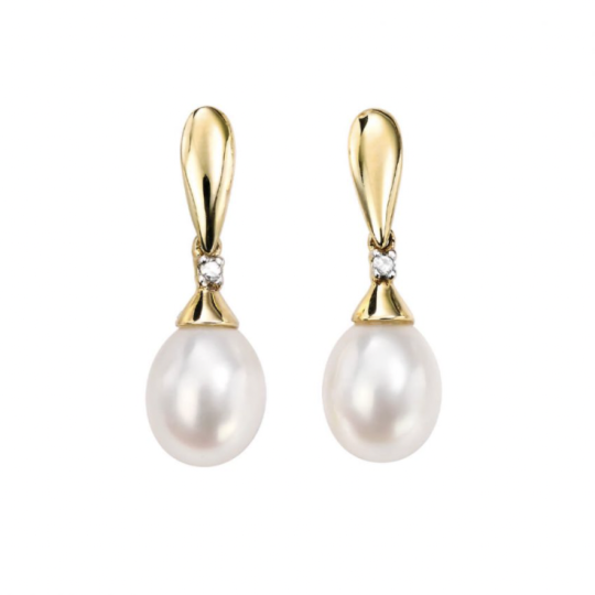 Gecko 9ct Yellow Gold Pearl And Diamond Drop Earrings