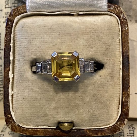 Vintage Yellow Sapphire & Diamond Ring With Stepped Shoulders