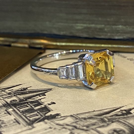 Vintage Yellow Sapphire & Diamond Ring With Stepped Shoulders