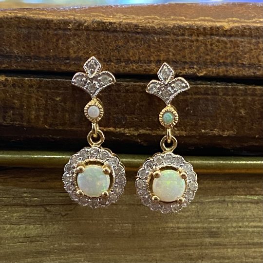 Vintage Inspired Opal & Diamond Drop Earrings