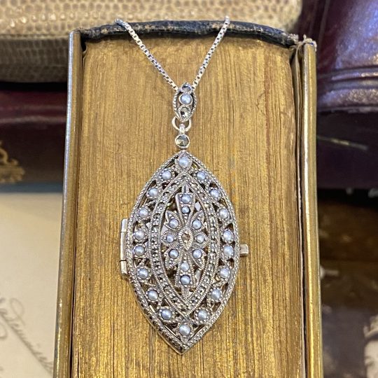 Marquise Shaped Marcasite & Seed Pearl Locket Necklace
