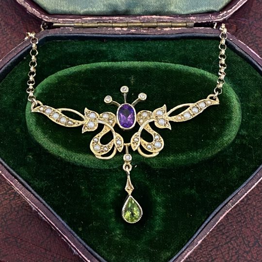 Amethyst, Peridot, Seed Pearl & Diamond Suffragette Necklace