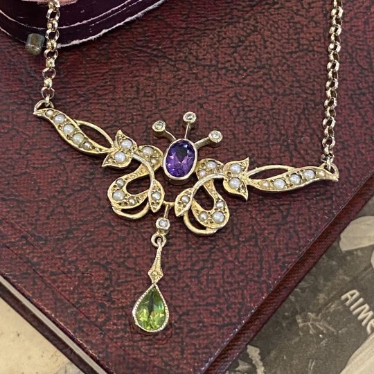 Amethyst, Peridot, Seed Pearl & Diamond Suffragette Necklace