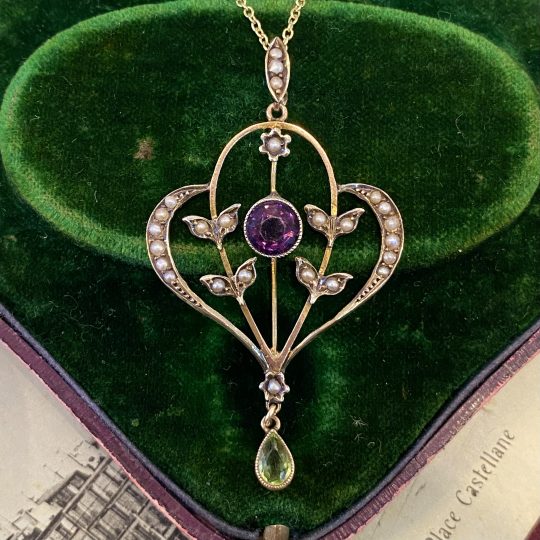 Edwardian Amethyst, Peridot & Pearl Suffragette Pendant