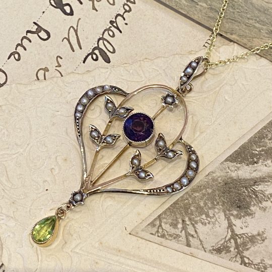 Edwardian Amethyst, Peridot & Pearl Suffragette Pendant